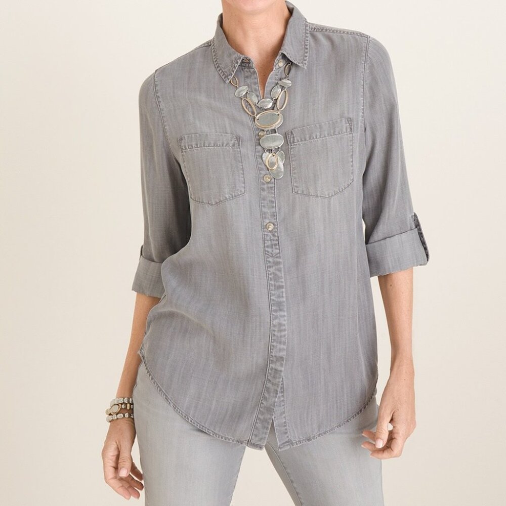 Chico's Gray Wash Button Down Lyocell Roll Tab Sleeve Shirt size 2